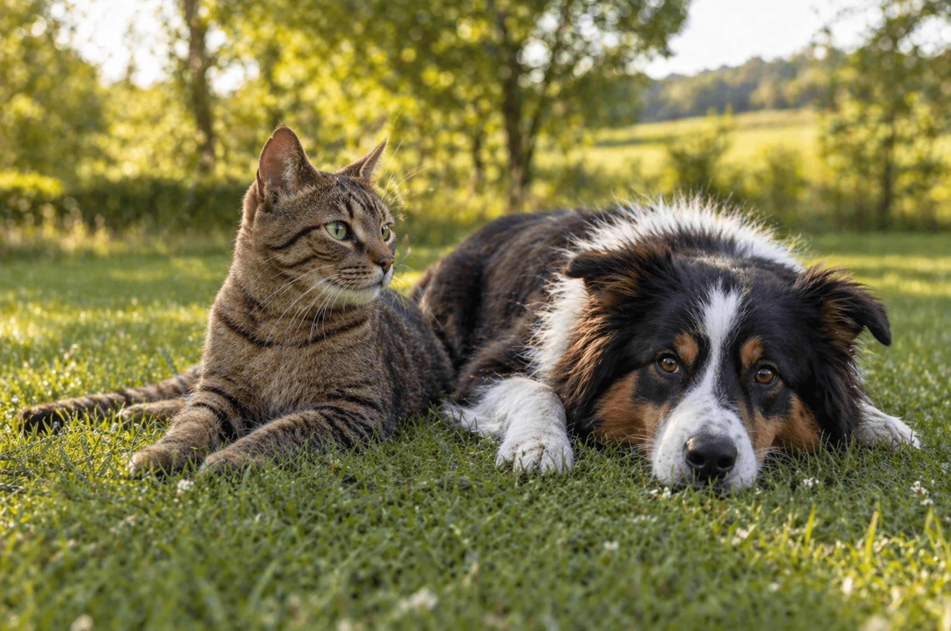 A dog and cat sitting together against a soft studio background